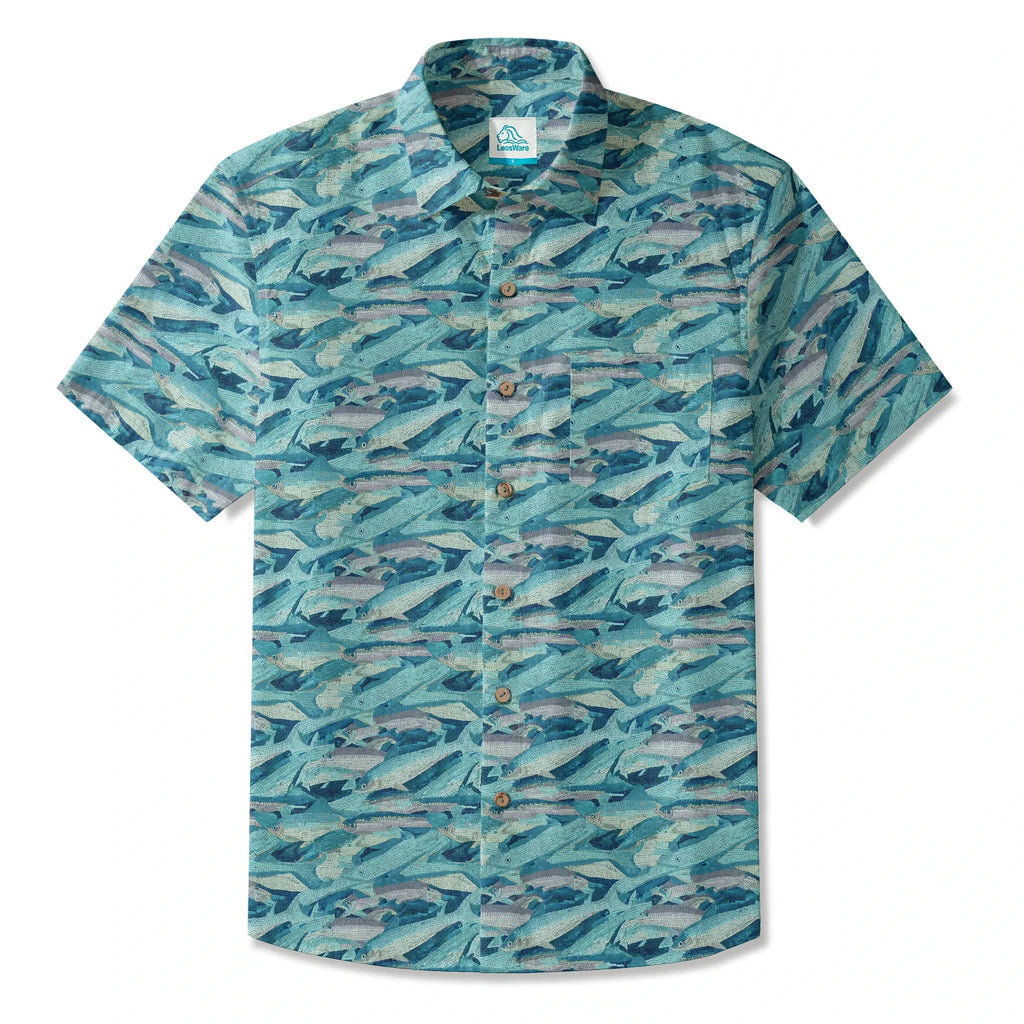 LeosWare® Men's Hawaiian Shirt Short Sleeve Button-up 100% Cotton Blue Aloha Mosaic Of Blue School Of Fish By Ann