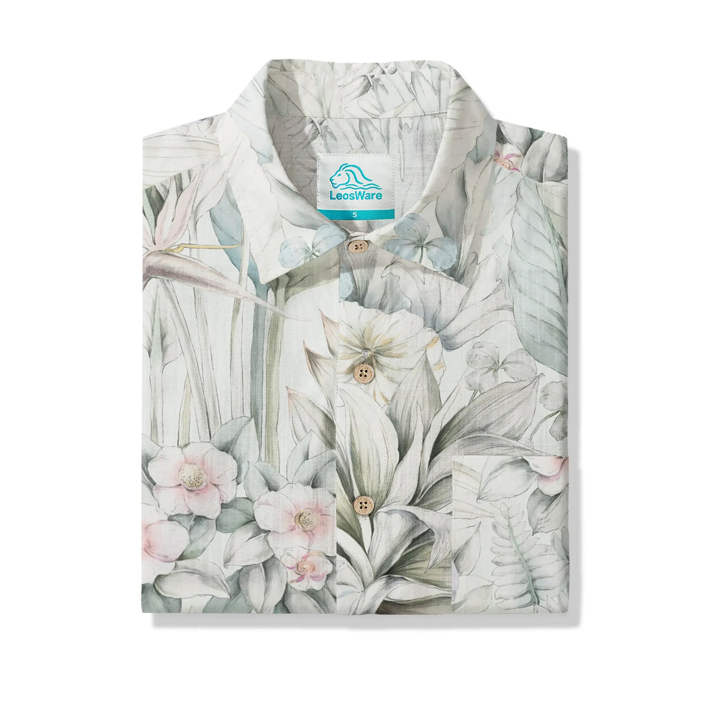 LeosWare® Men's Hawaiian Shirt Short Sleeve Button-up 100% Cotton Green Aloha Dreams Of Tranquil Plants By Huan huan