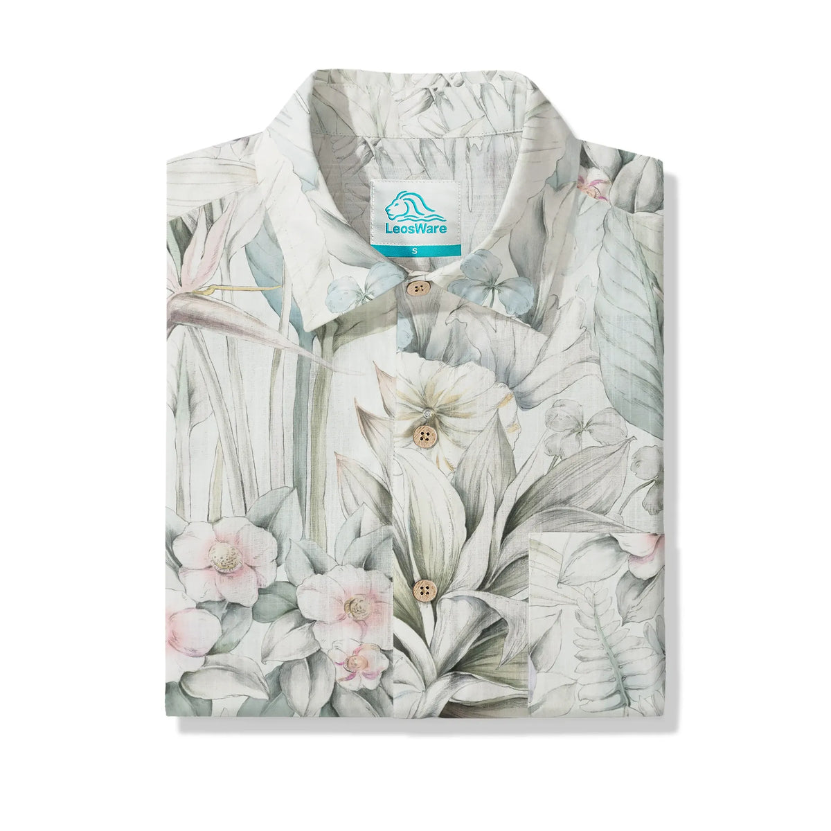 LeosWare® Men's Hawaiian Shirt Short Sleeve Button-up 100% Cotton Green Aloha Dreams Of Tranquil Plants By Huan huan