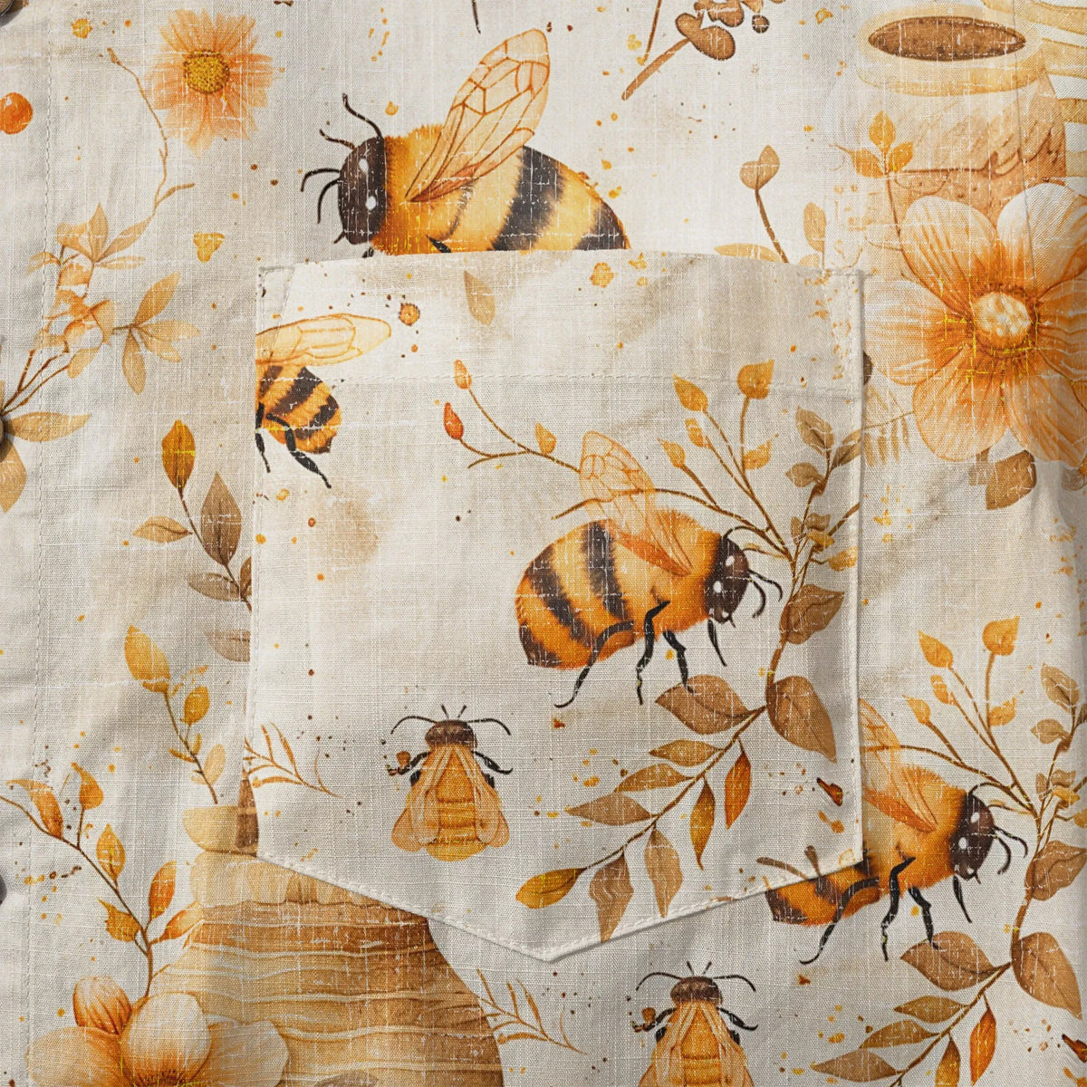 LeosWare® Men's Hawaiian Shirt Short Sleeve Button-up 100% Cotton Yellow Aloha Autumn Harvest In The Honey Garden Bee By Ann