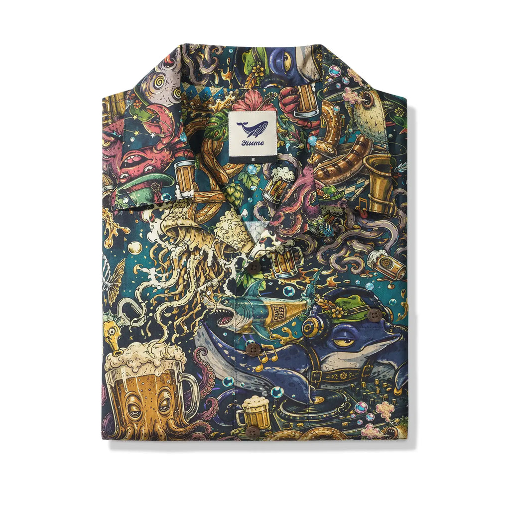 Men's Hawaiian Shirt Short Sleeve Camp Collar 100% Cotton Blue Aloha Deep Blue Brews By Mo