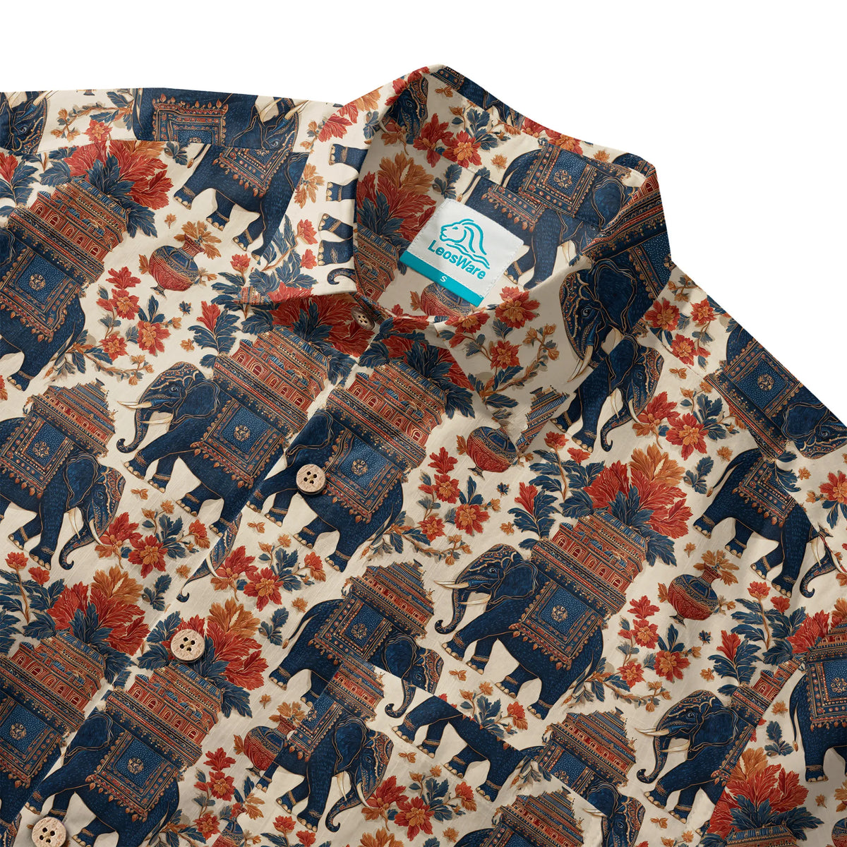 Elephant LeosWare® Men's Hawaiian Shirt Short Sleeve Button-up 100% Cotton Beige Aloha Temple Of The Elephant God By Ann