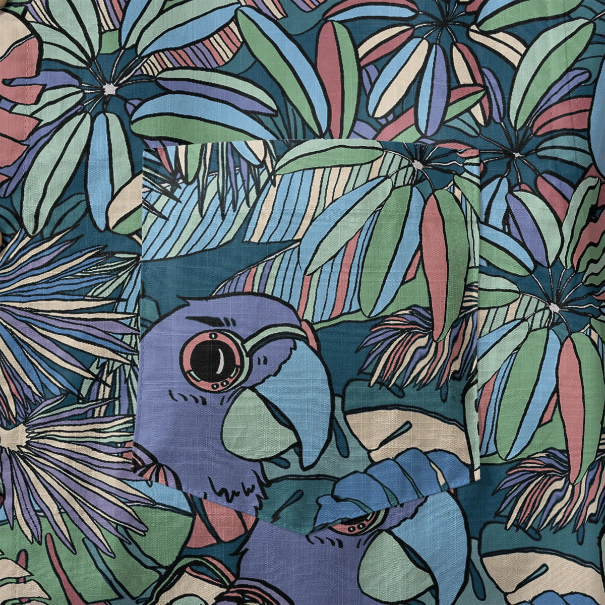 LeosWare® Men's Hawaiian Shirt Short Sleeve Button-up 100% Cotton Blue Aloha Parrot In The Enchanted Forest By Huan huan