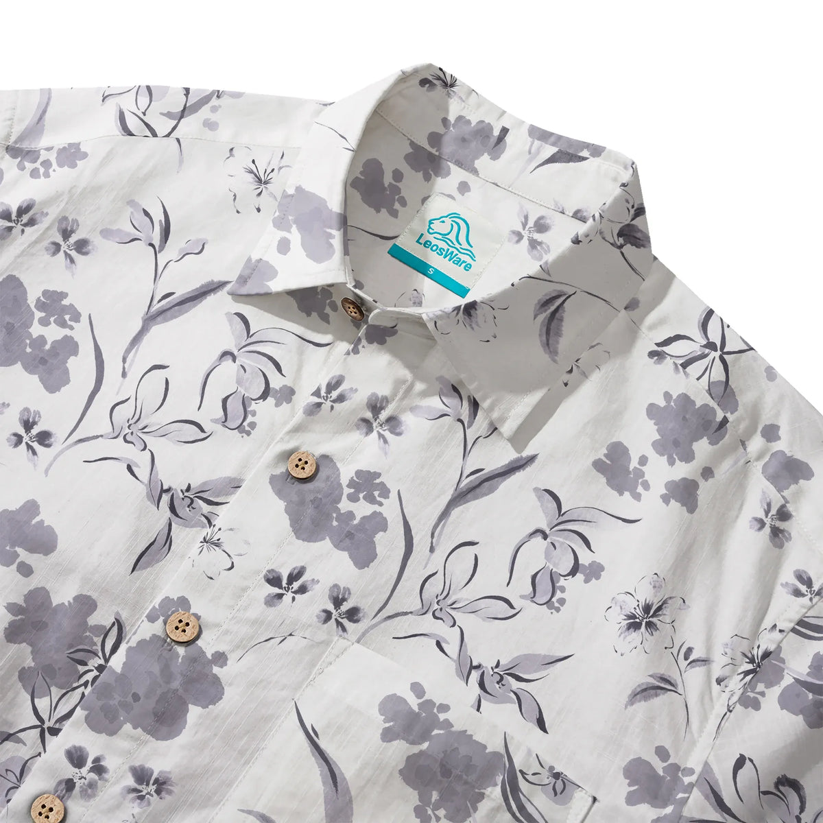 LeosWare® Men's Hawaiian Shirt Short Sleeve Button-up 100% Cotton Gray Aloha Exquisite Art Gray Floral Design By Huan huan