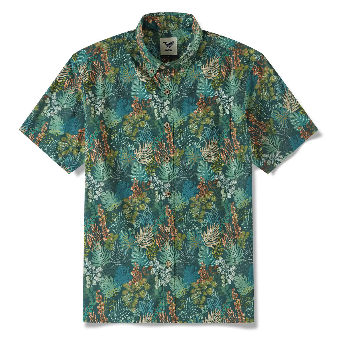 Men's Hawaiian Shirt Short Sleeve Button-down 100% Cotton Green Shirt Aloha Tropical Night Emerald Leaves By Annick