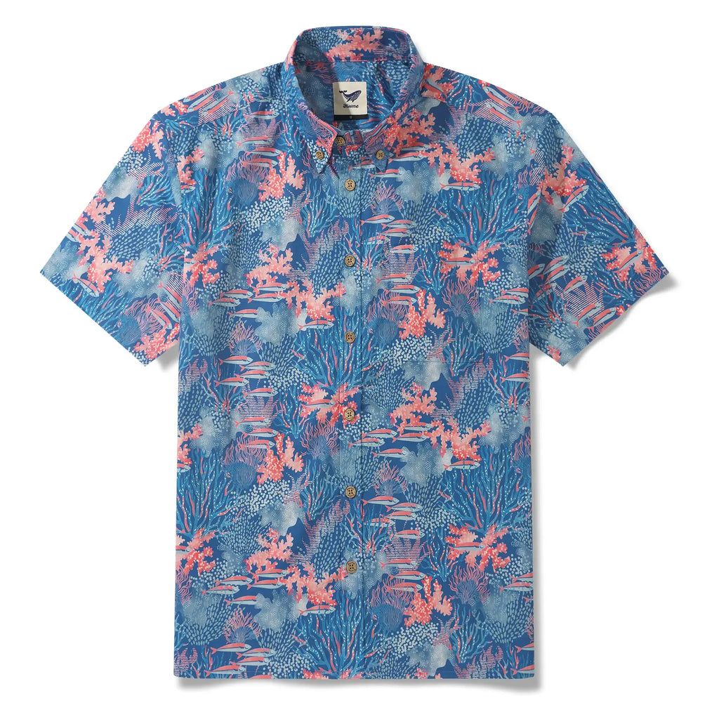 Men's Hawaiian Shirt Short Sleeve Button-down 100% Cotton Blue Aloha Ocean Sihouettes By House of Haricot