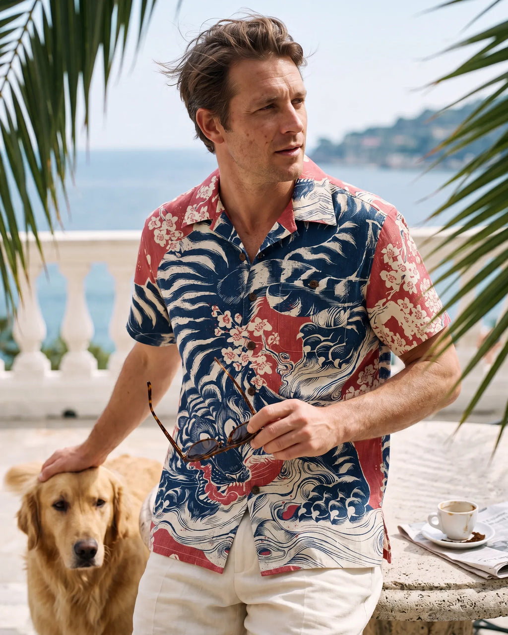 Men's Hawaiian Shirt Short Sleeve Camp Collar 100% Cotton Red Aloha Crimson Sakura Roar By The Happy Hoopoe