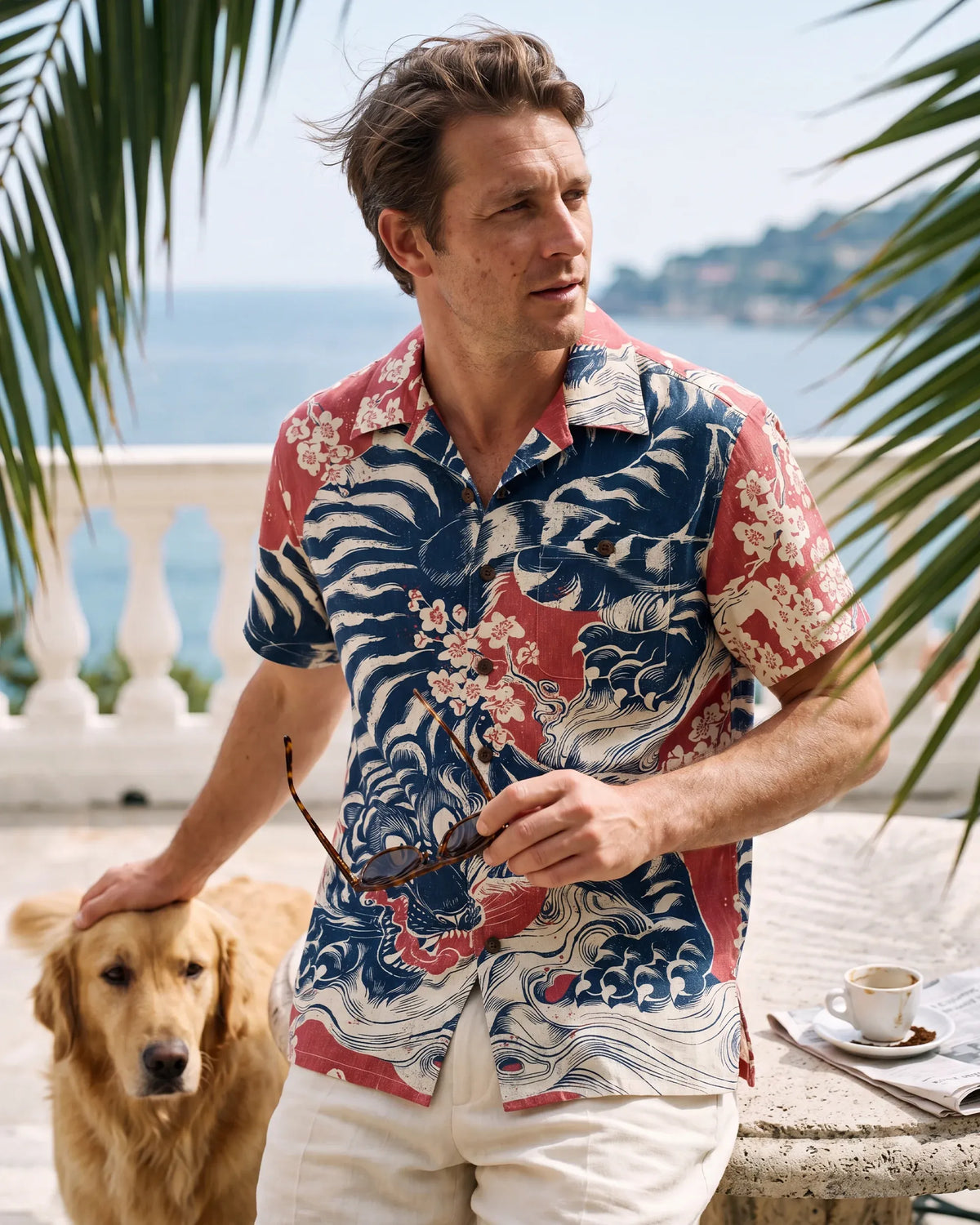 Men's Hawaiian Shirt Short Sleeve Camp Collar 100% Cotton Red Aloha Crimson Sakura Roar By The Happy Hoopoe