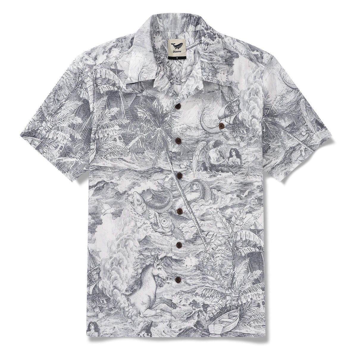 Men's Hawaiian Shirt Short Sleeve Camp Collar 100% Cotton Gray Aloha Ocean Spirit By Zeke