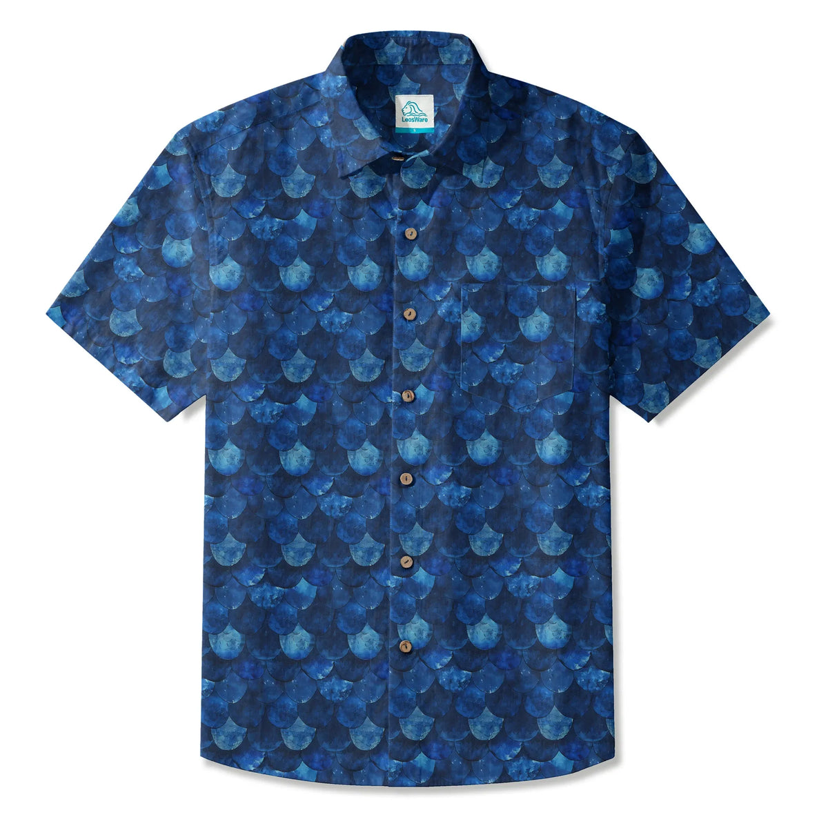 LeosWare® Men's Hawaiian Shirt Short Sleeve Button-up 100% Cotton Blue Aloha Deep Sea Dragon Scales By Ann