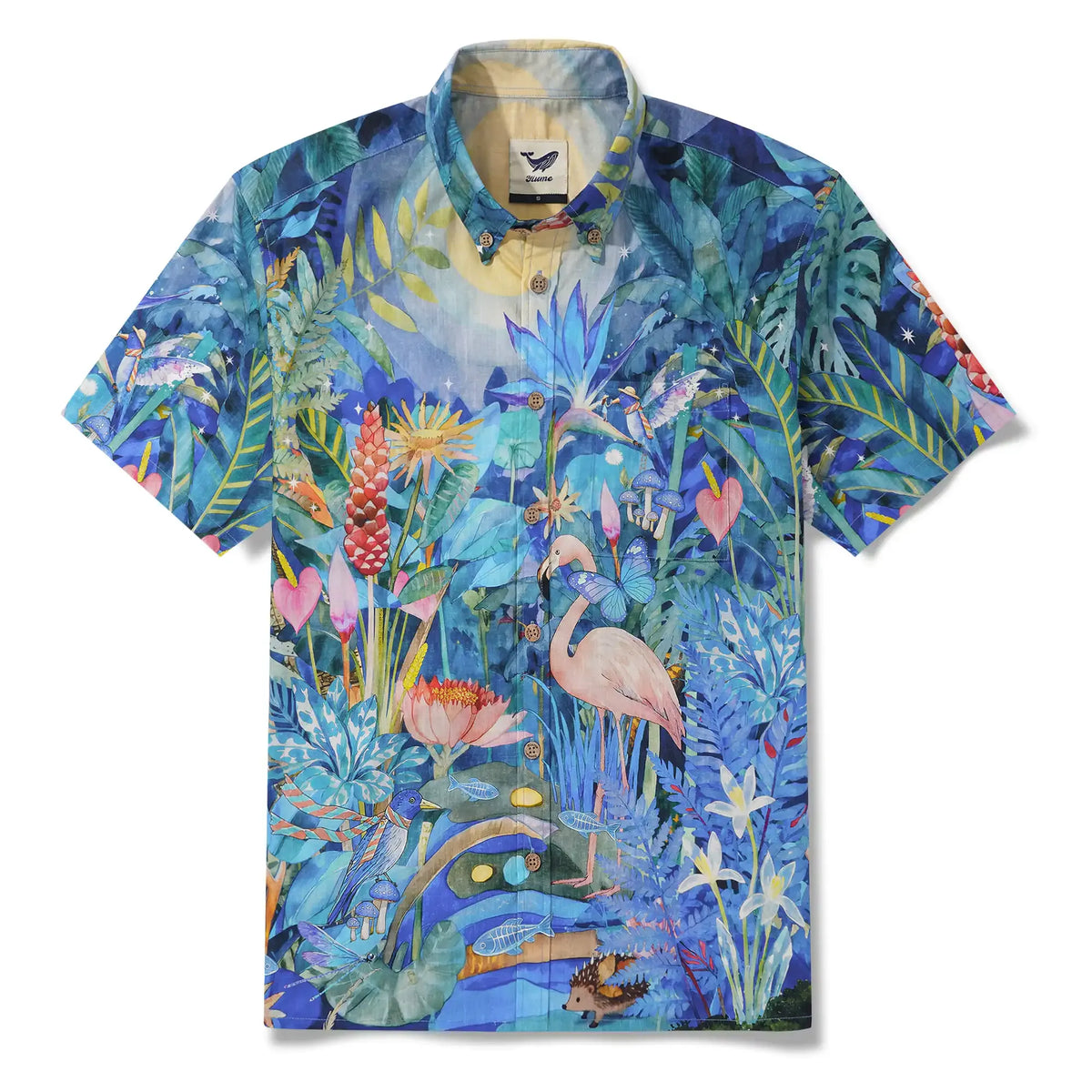 Flamingos Men's Hawaiian Shirt Short Sleeve Button-down 100% Cotton Blue Aloha Magical Jungle Adventure By Mo