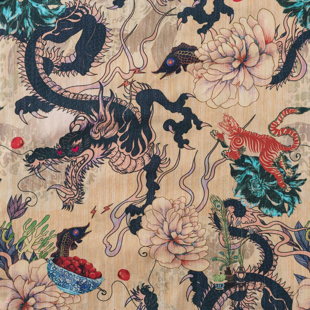 Dragon Shirt 100% Cotton Hawaiian Shirt Men's Short Sleeve Button-down Shirt Aloha Shirt Dragon Dance And Cherry Blossoms By Sylvia