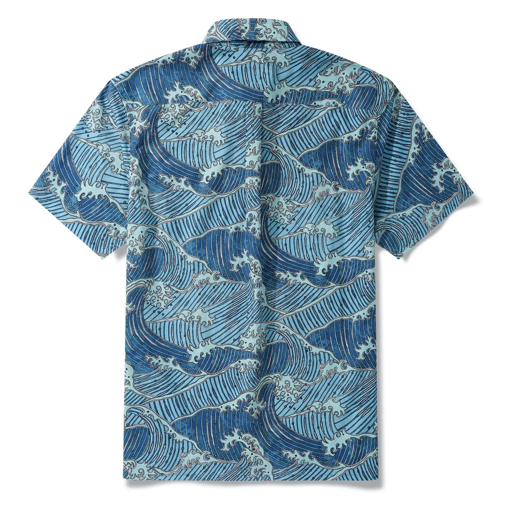 Men's Hawaiian Shirt Short Sleeve Button-down 100% Cotton Blue Aloha Surging Waves Of Ukiyo-e By Mo