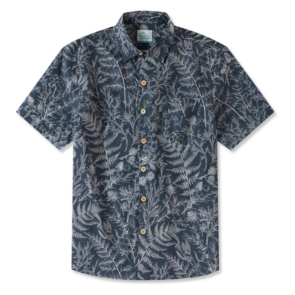 LeosWare® Men's Hawaiian Shirt Short Sleeve Button-up 100% Cotton Blue Aloha Enchanted Fern Grove Journal By Ann