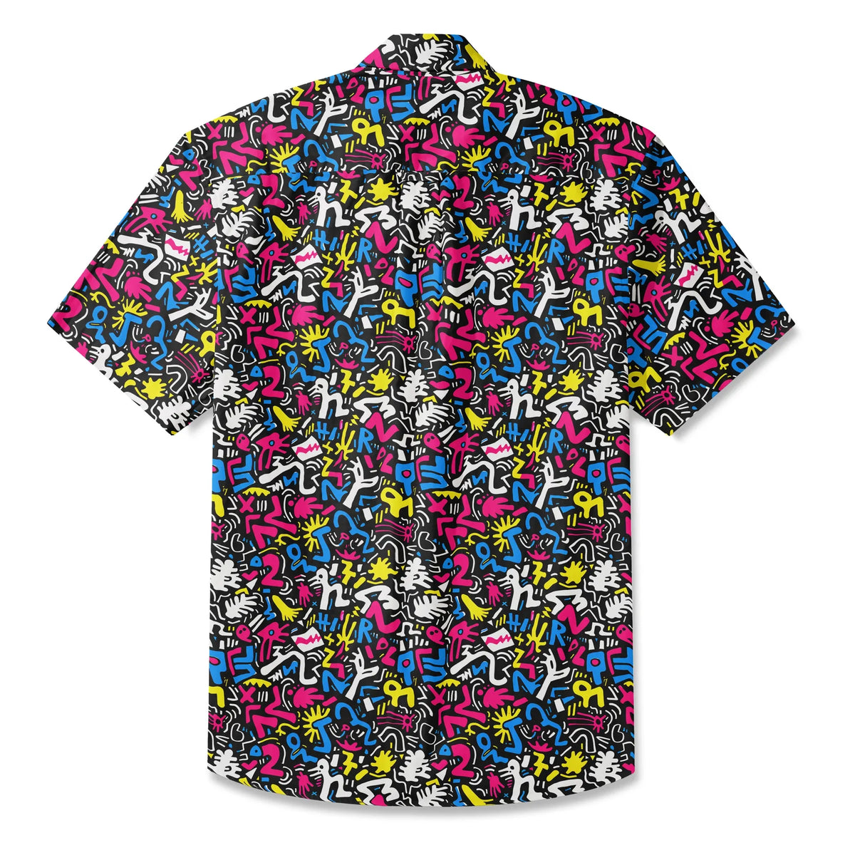 LeosWare® Men's Hawaiian Shirt Short Sleeve Button-up 100% Cotton Black Aloha Graffiti Fun By Ann