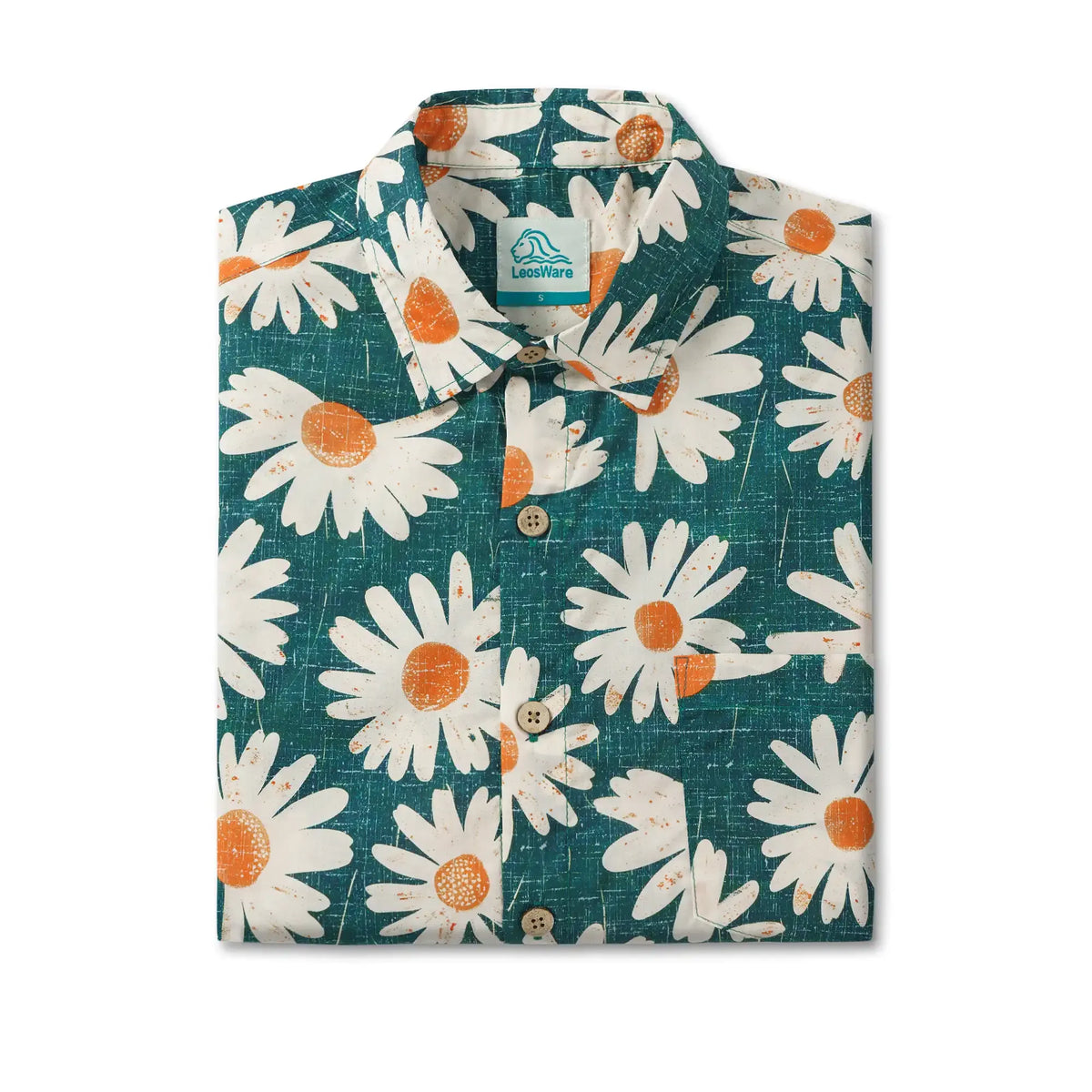 LeosWare® Men's Hawaiian Shirt Short Sleeve Button-up 100% Cotton Green Aloha Daisy Bottom By Ann