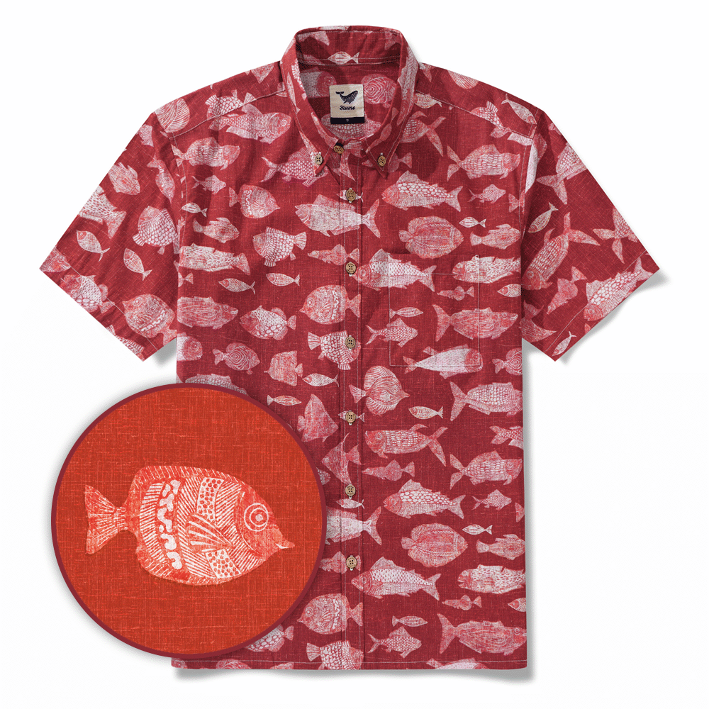 Men's Red Fish Hawaiian Shirt 100% Cotton Button-down Short Sleeve Aloha Shirt For Gift By Huan huan