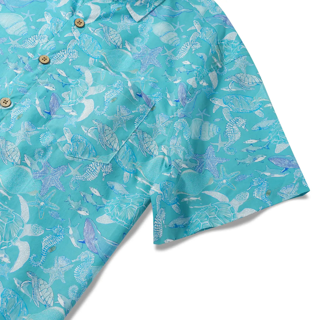 LeosWare® Men's Hawaiian Shirt Short Sleeve Button-up 100% Cotton Blue Aloha Azure Islet Sea Turtle By Ann