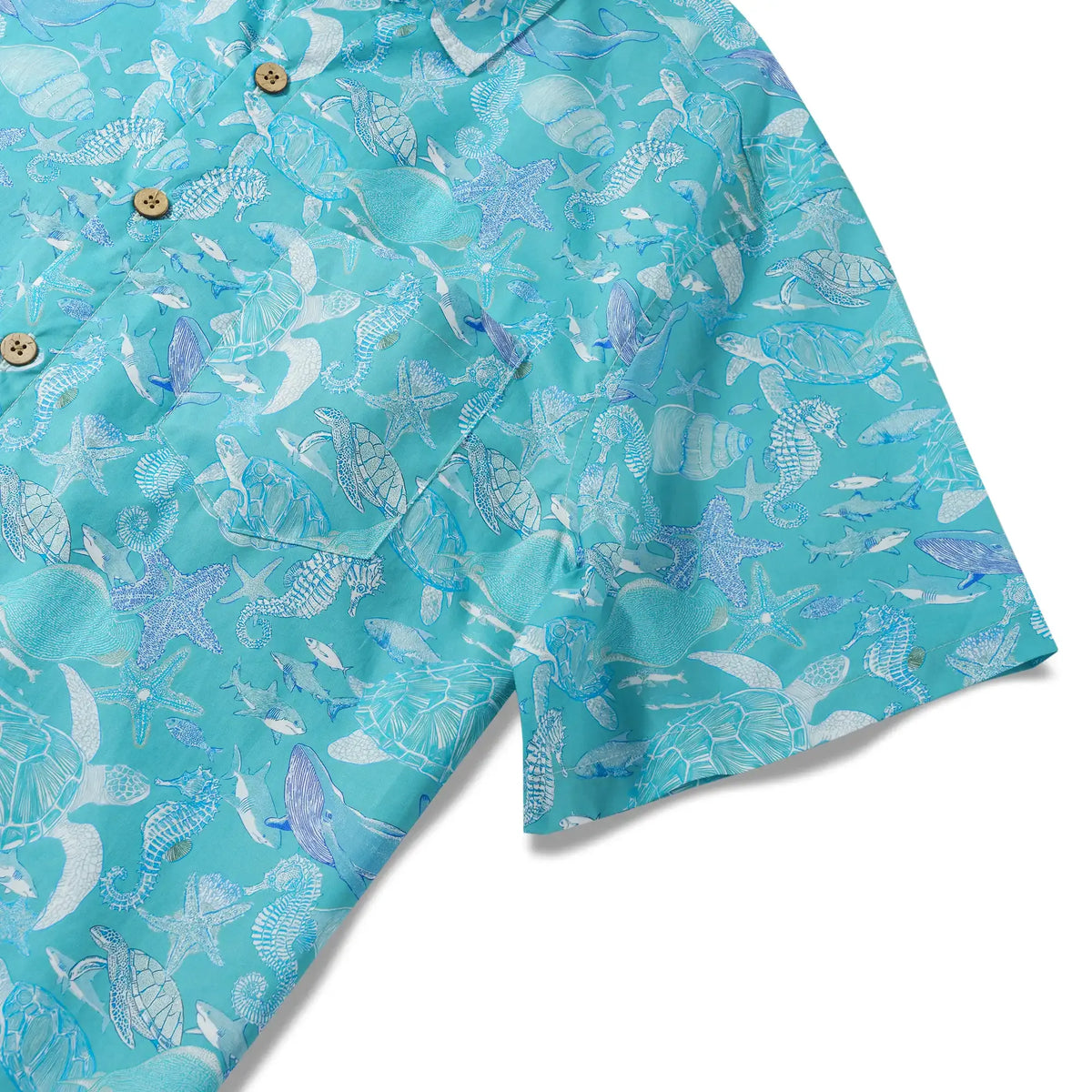LeosWare® Men's Hawaiian Shirt Short Sleeve Button-up 100% Cotton Blue Aloha Azure Islet Sea Turtle By Ann