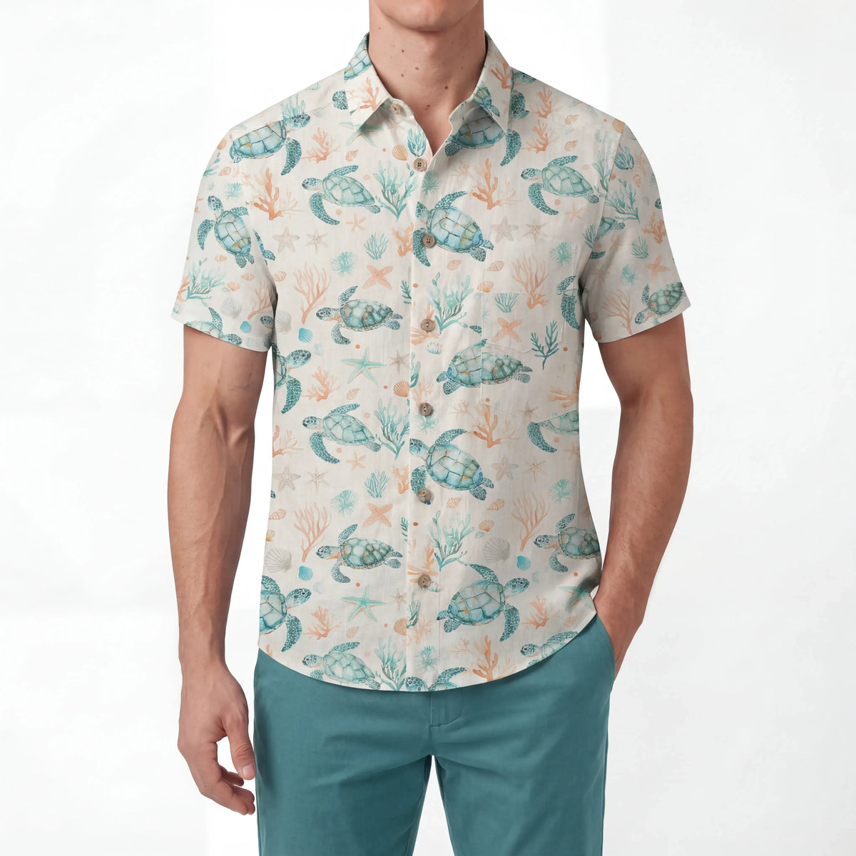 LeosWare® Men's Hawaiian Shirt Short Sleeve Button-up 100% Cotton Blue Aloha Coral Wonderland Of The Sea Turtle By Ann