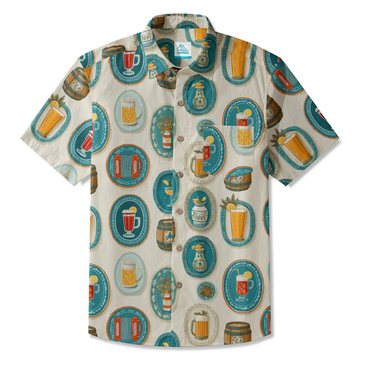 LeosWare® Men's Hawaiian Shirt Short Sleeve Button-up 100% Cotton Aloha Beer Festival Keepsake Plate By Ann