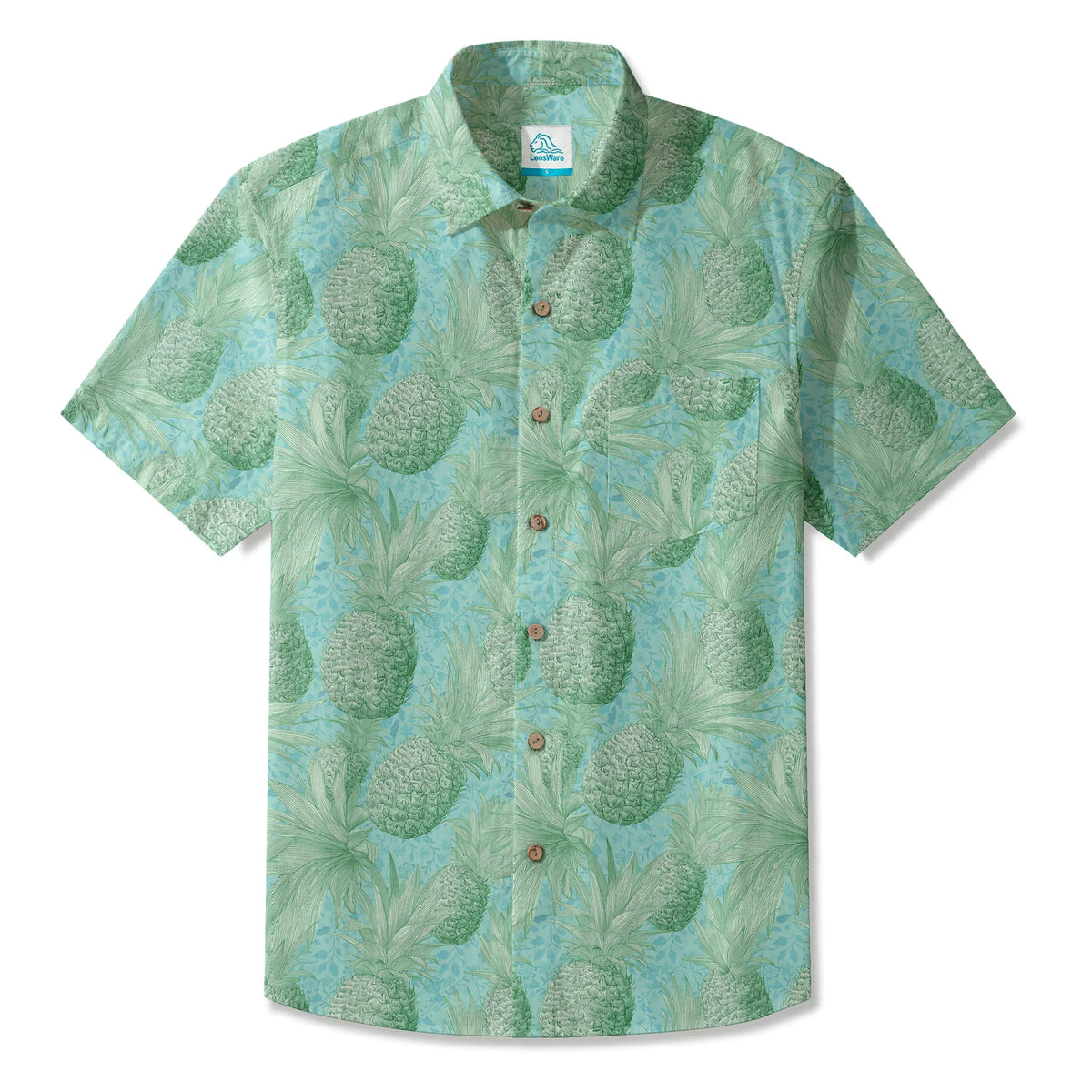 LeosWare® Men's Hawaiian Shirt Short Sleeve Button-up 100% Cotton Green Aloha Mint Green Pineapple Grove By Ann