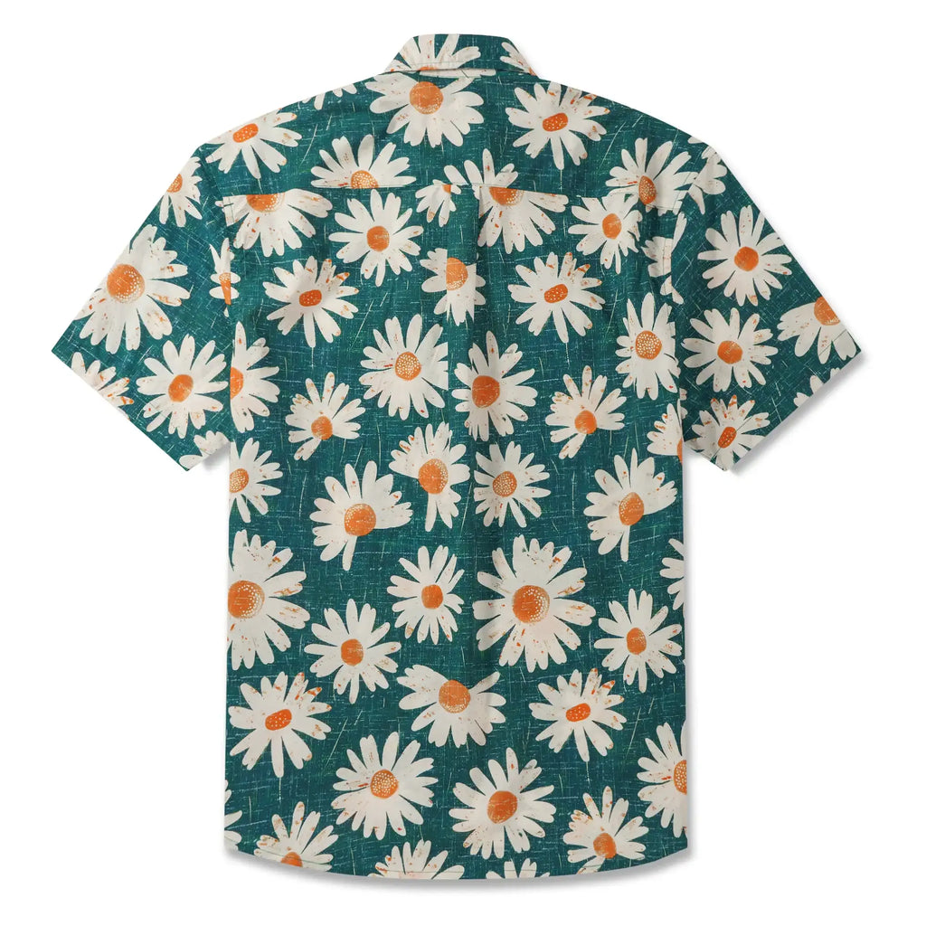 LeosWare® Men's Hawaiian Shirt Short Sleeve Button-up 100% Cotton Green Aloha Daisy Bottom By Ann