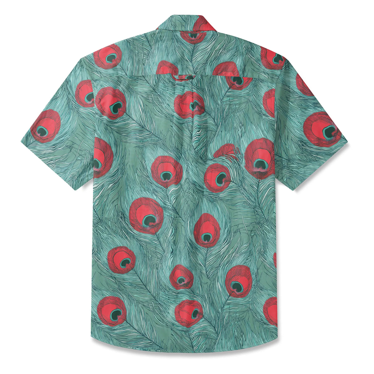 LeosWare® Men's Hawaiian Shirt Short Sleeve Button-up 100% Cotton Green Aloha Crimson Iris Blue Feathers By Ann
