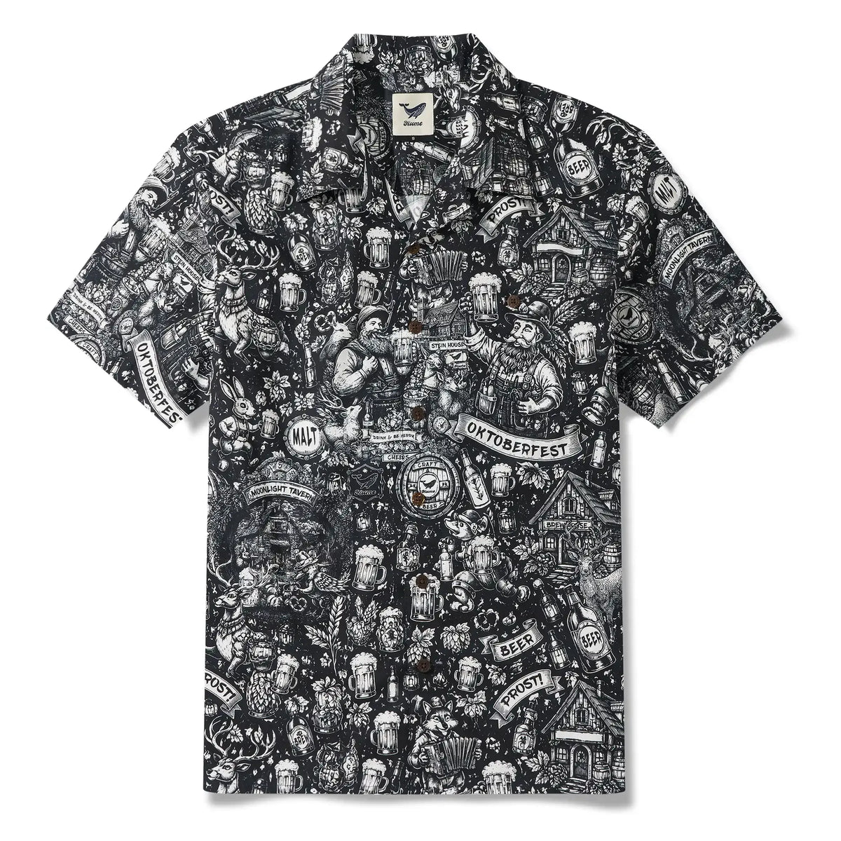 Men's Hawaiian Shirt Short Sleeve Camp Collar 100% Cotton Black Aloha Tavern Revelry Night By DUDU