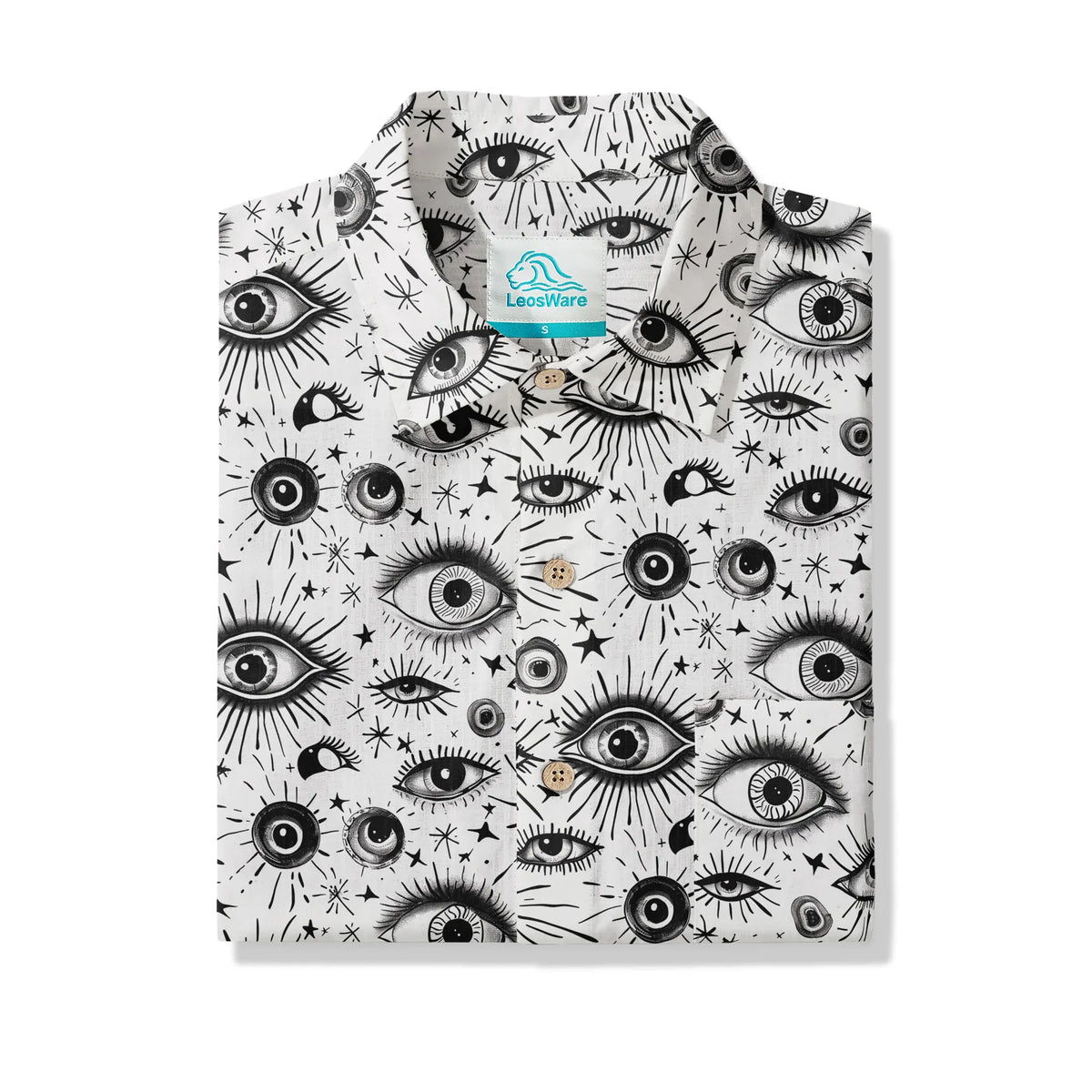 LeosWare® Men's Hawaiian Shirt Short Sleeve Button-up 100% Cotton White Aloha Starlight Eye Array By Ann