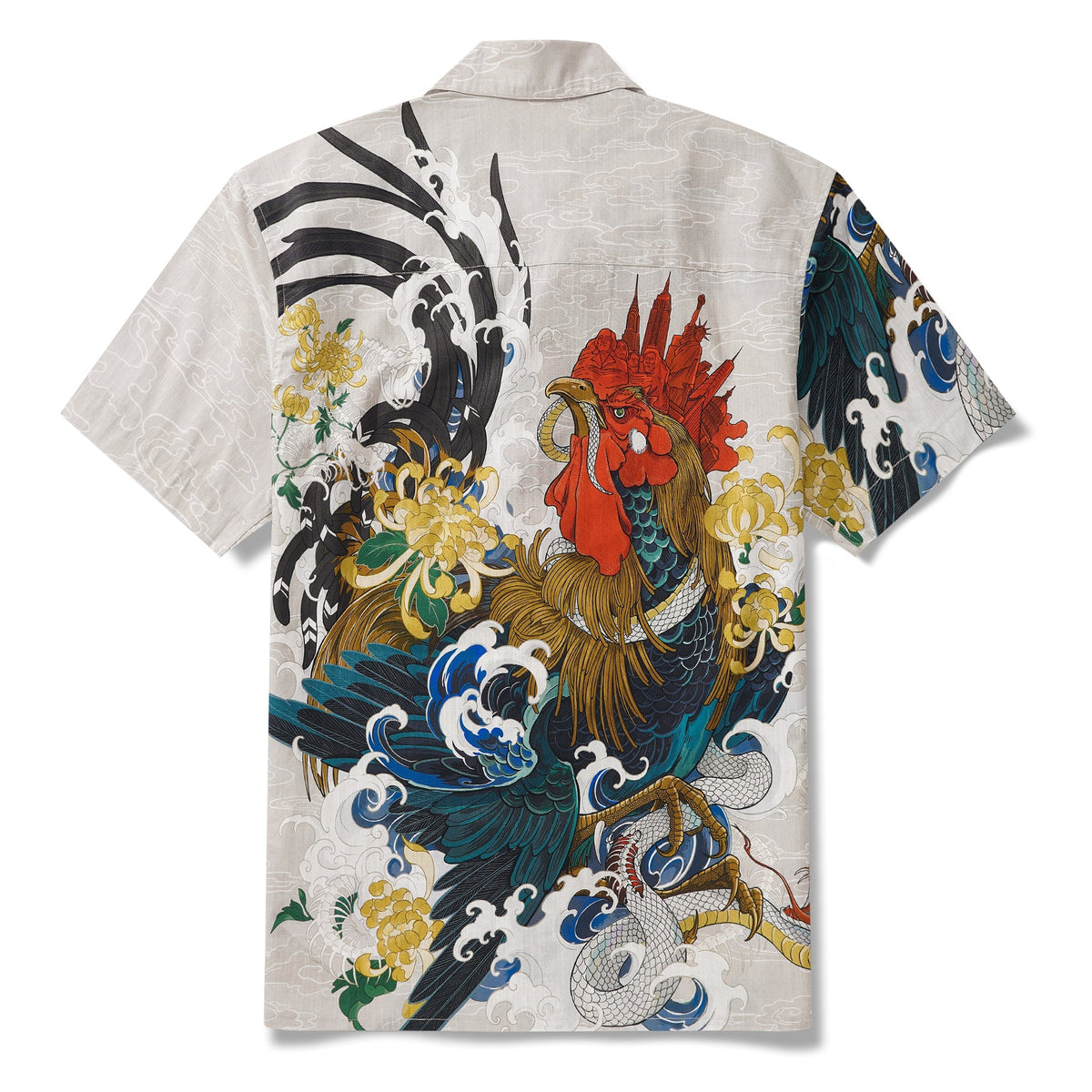 Men's Hawaiian Shirt 100% Cotton Short Sleeve Camp Collar Shirt Rooster and Japanese ukiyo-e Shirt By Zeke