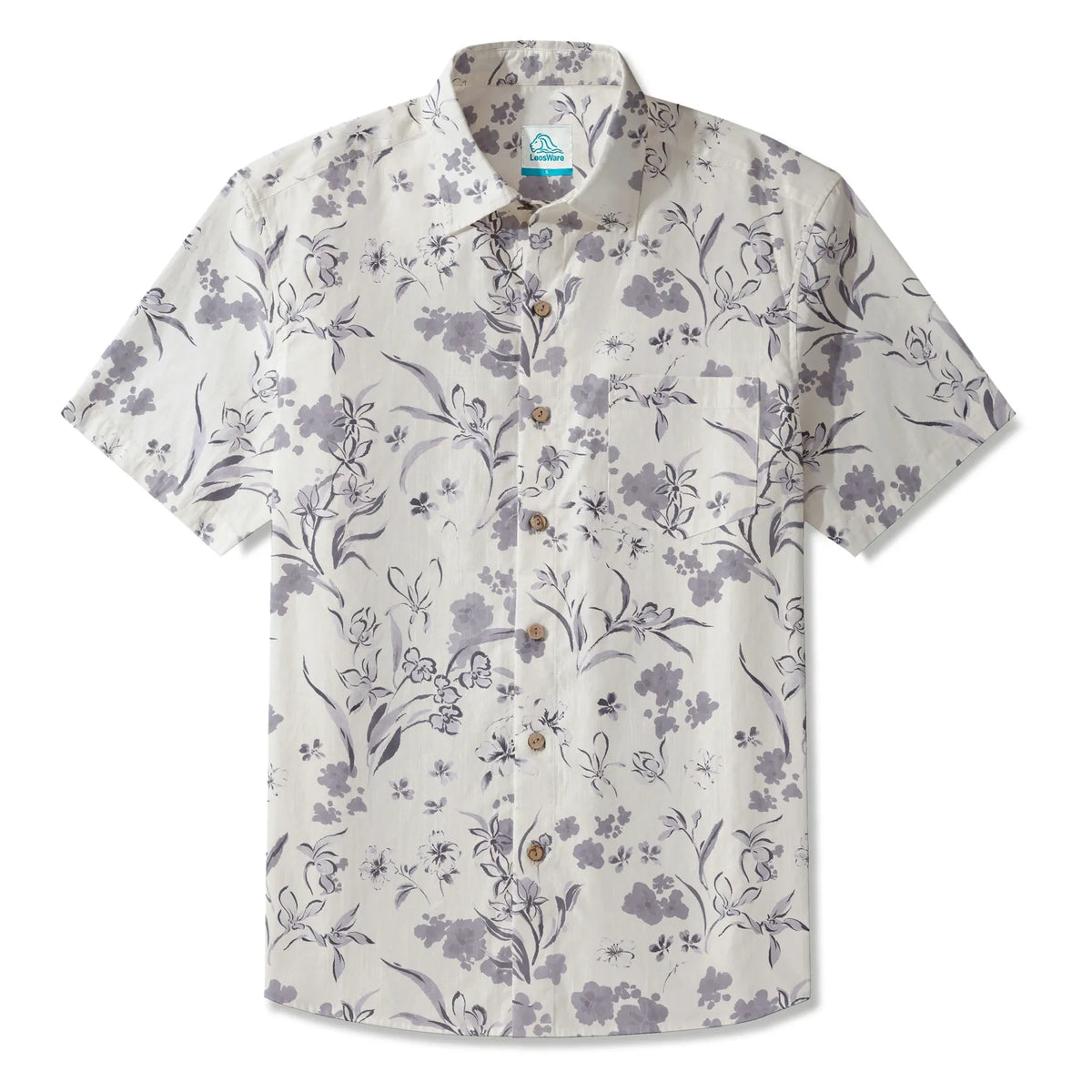 LeosWare® Men's Hawaiian Shirt Short Sleeve Button-up 100% Cotton Gray Aloha Exquisite Art Gray Floral Design By Huan huan
