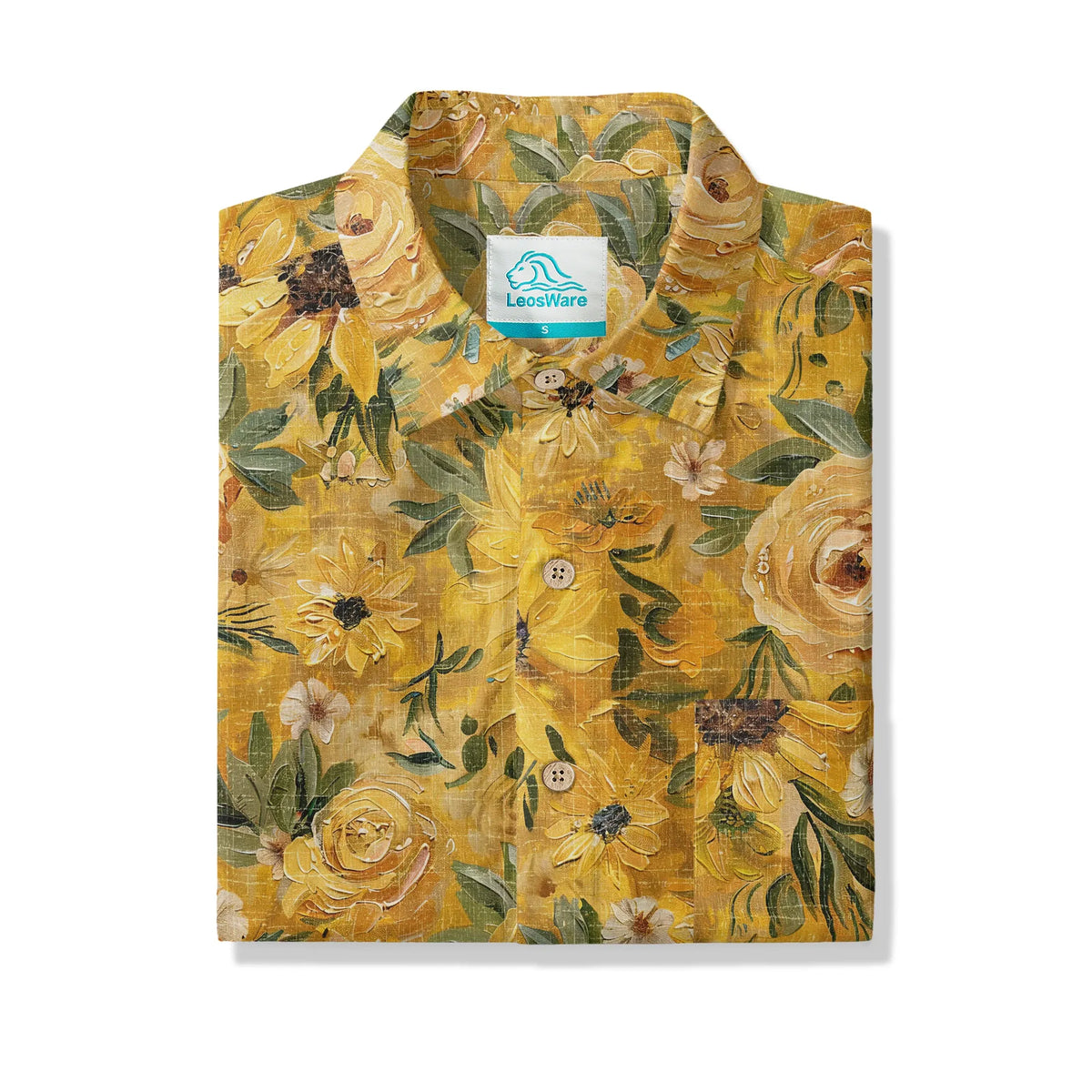 LeosWare® Men's Hawaiian Shirt Short Sleeve Button-up 100% Cotton Yellow Aloha Golden Sunflower Warmth By Ann