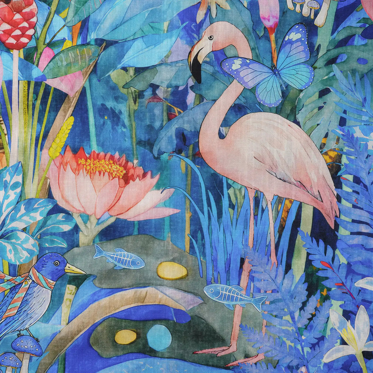 Flamingos Men's Hawaiian Shirt Short Sleeve Button-down 100% Cotton Blue Aloha Magical Jungle Adventure By Mo