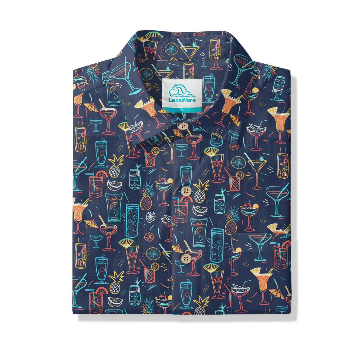 LeosWare® Men's Hawaiian Shirt Short Sleeve Button-up 100% Cotton Blue Aloha Neon Cocktail Night By Ann