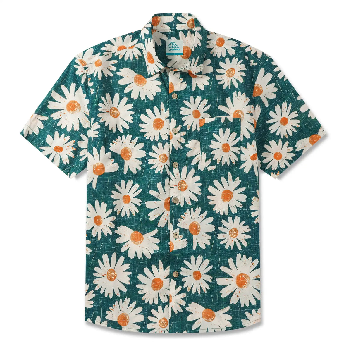 LeosWare® Men's Hawaiian Shirt Short Sleeve Button-up 100% Cotton Green Aloha Daisy Bottom By Ann