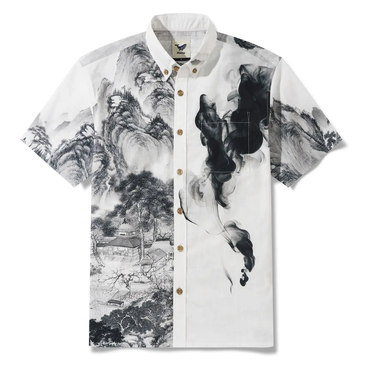 Men's Hawaiian Shirt Short Sleeve Button-down 100% Cotton Black Aloha Oriental Inkscape By DUDU