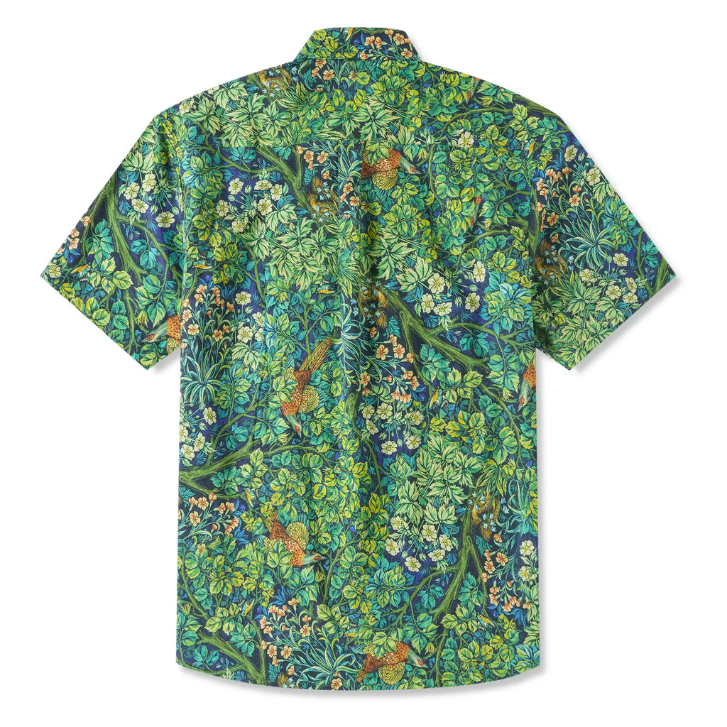 LeosWare® Men's Hawaiian Shirt Short Sleeve Button-up 100% Cotton Green Aloha Jungle Wonderland Art By Ann