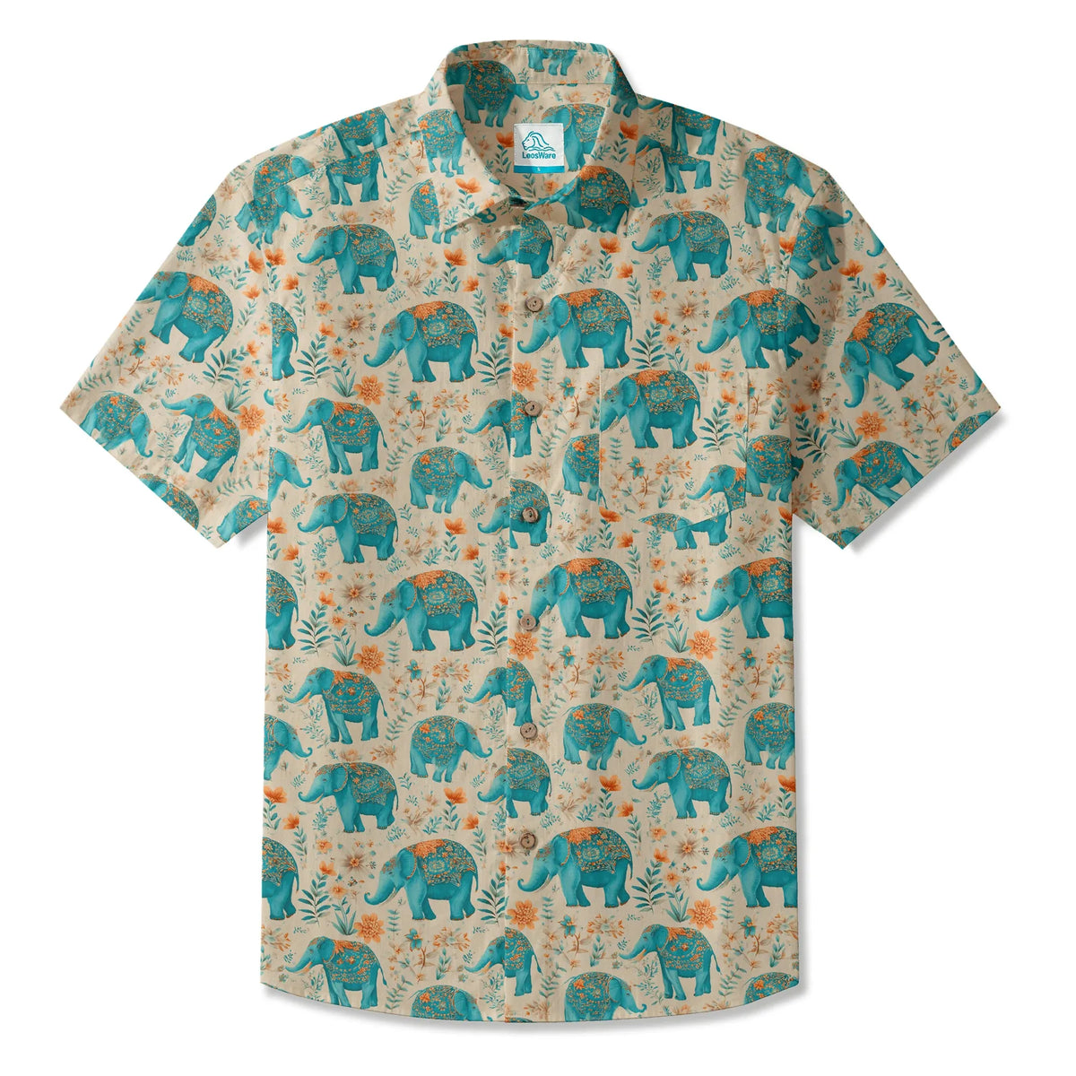 Elephant LeosWare® Men's Hawaiian Shirt Short Sleeve Button-up 100% Cotton Beige Aloha Blue Elephant Blossoms By Ann