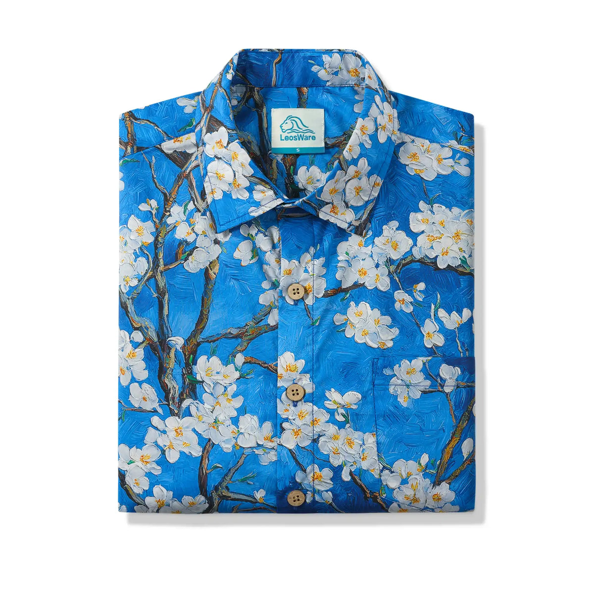 LeosWare® Men's Hawaiian Shirt Short Sleeve Button-up 100% Cotton Blue Aloha White Above Deep Blue By Huan huan