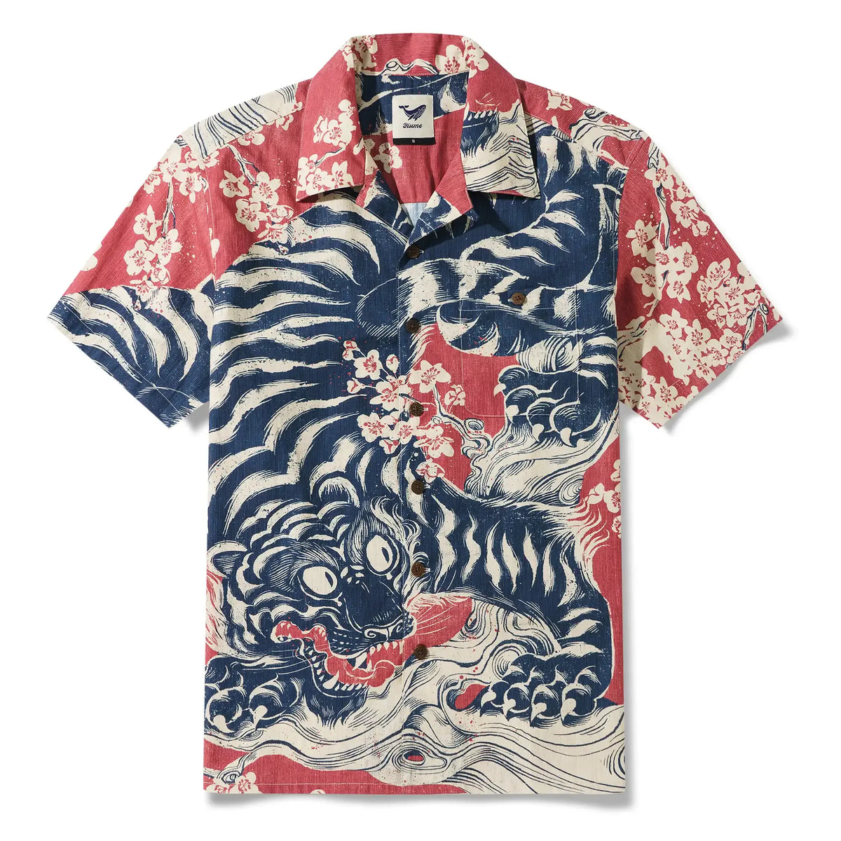 Men's Hawaiian Shirt Short Sleeve Camp Collar 100% Cotton Red Aloha Crimson Sakura Roar By The Happy Hoopoe