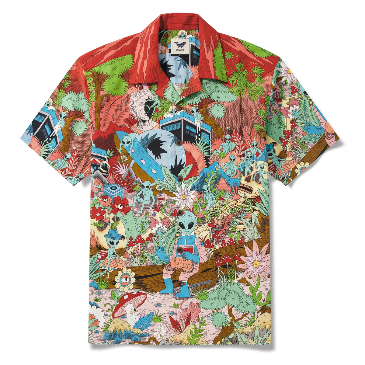 Men's Hawaiian Shirt Short Sleeve Camp Collar 100% Cotton Green Aloha Alien Galactic Garden By Huan huan