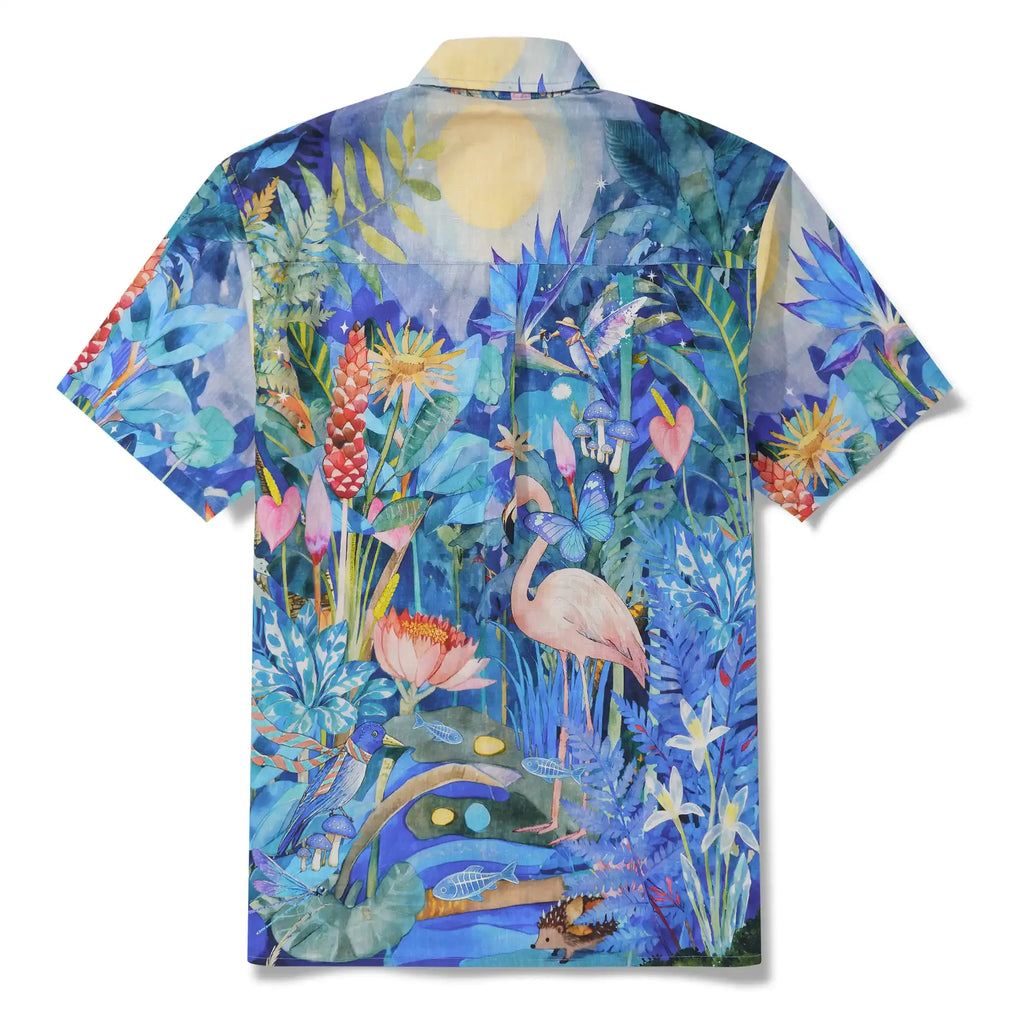Flamingos Men's Hawaiian Shirt Short Sleeve Button-down 100% Cotton Blue Aloha Magical Jungle Adventure By Mo