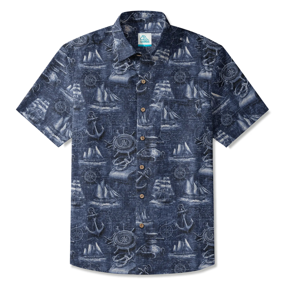 LeosWare® Men's Hawaiian Shirt Short Sleeve Button-up 100% Cotton Blue Aloha Retro Nautical Logbook By Ann