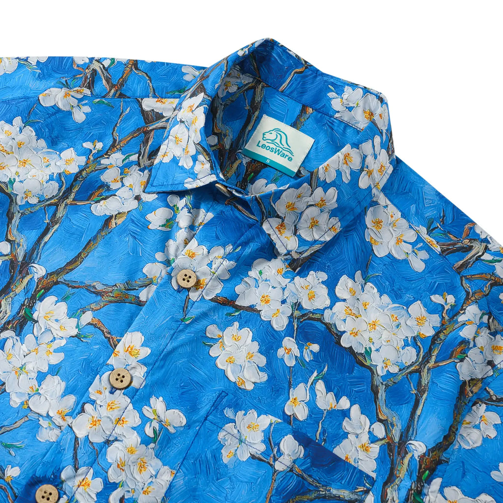 LeosWare® Men's Hawaiian Shirt Short Sleeve Button-up 100% Cotton Blue Aloha White Above Deep Blue By Huan huan