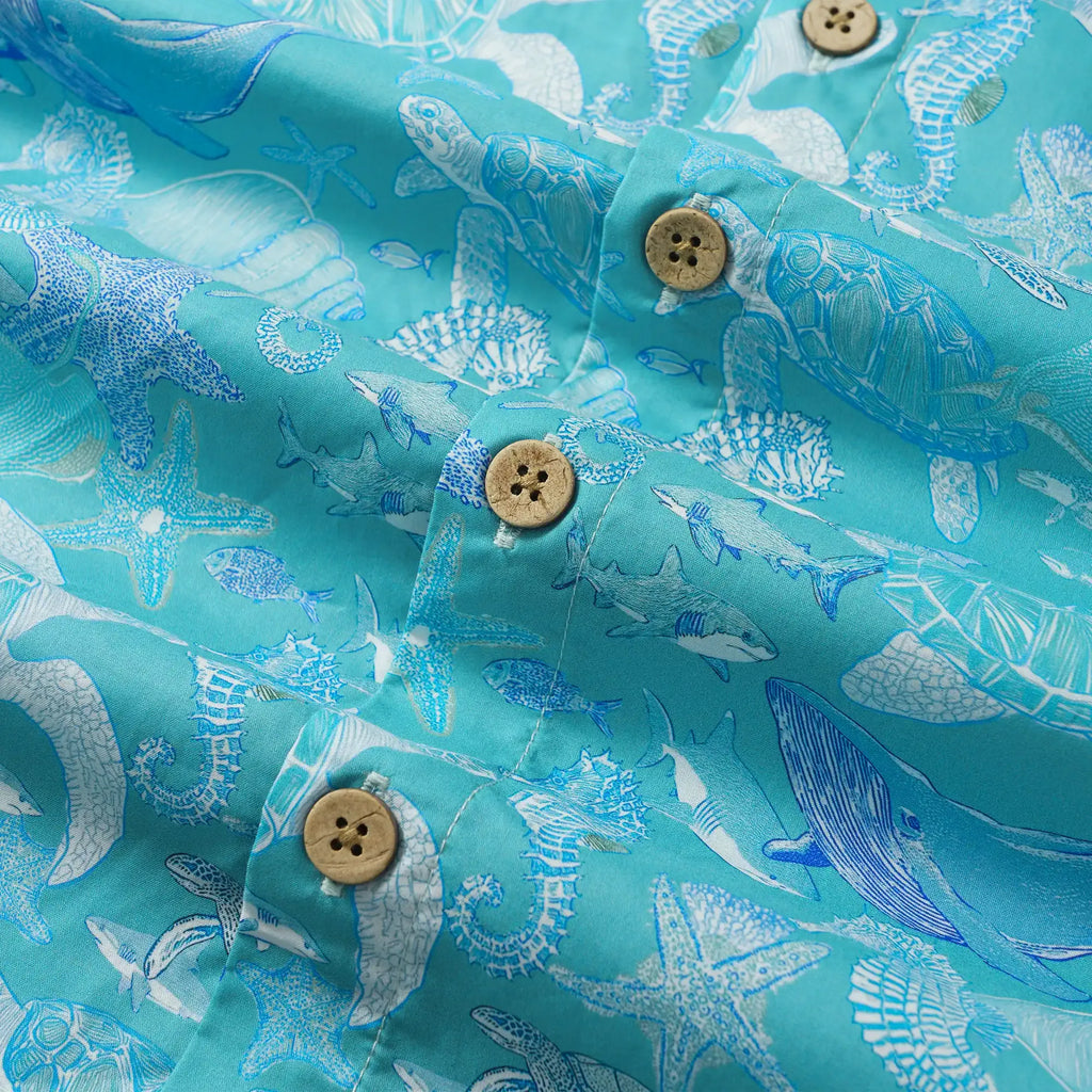 LeosWare® Men's Hawaiian Shirt Short Sleeve Button-up 100% Cotton Blue Aloha Azure Islet Sea Turtle By Ann