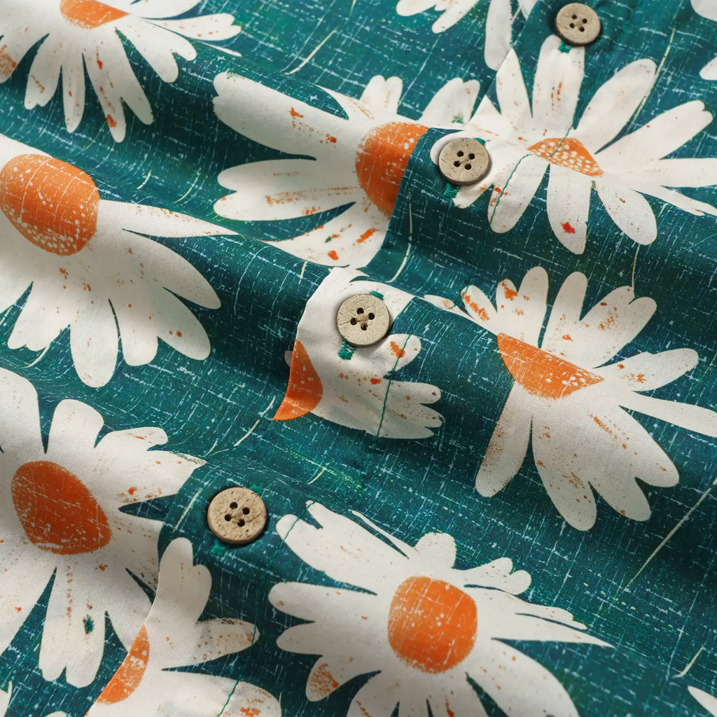 LeosWare® Men's Hawaiian Shirt Short Sleeve Button-up 100% Cotton Green Aloha Daisy Bottom By Ann