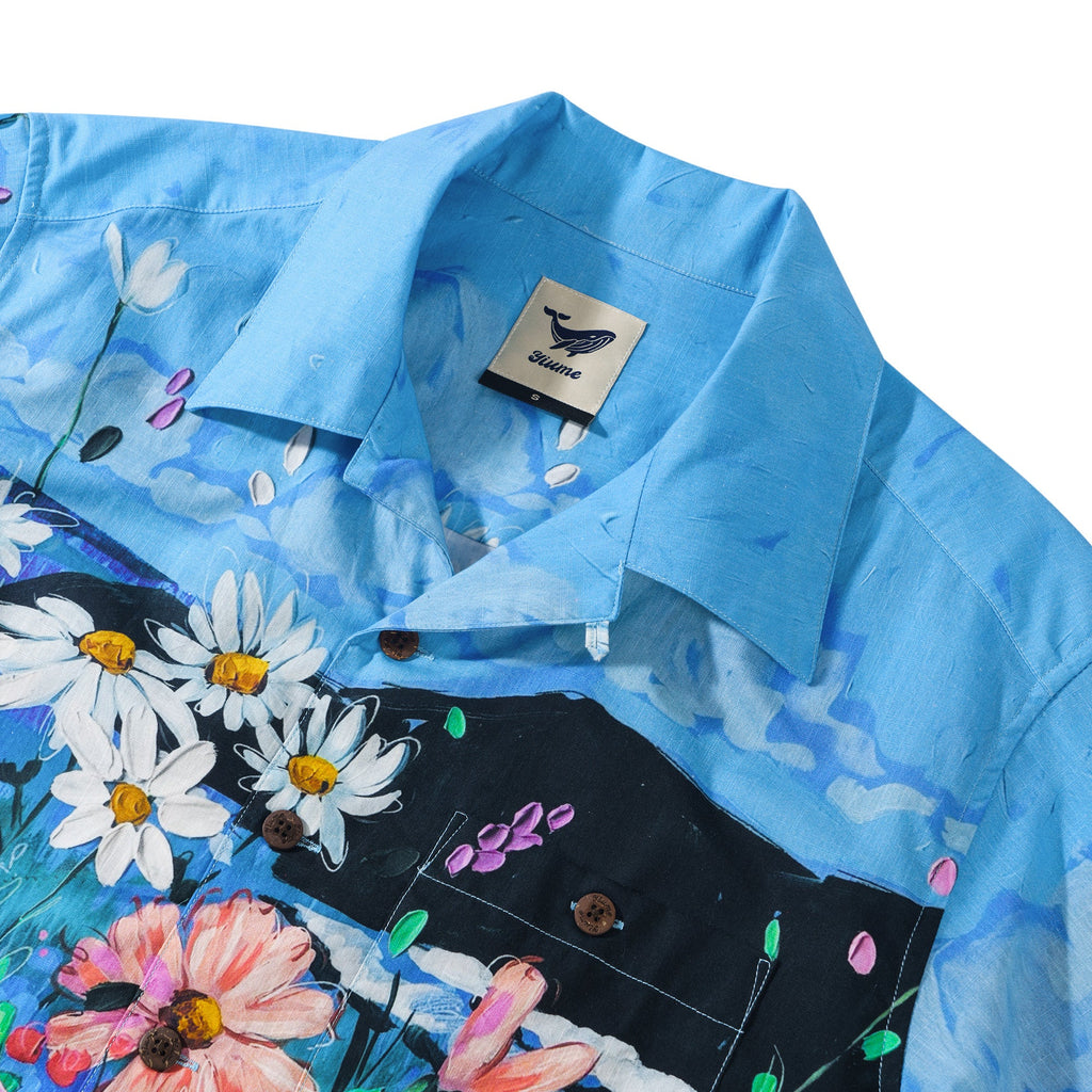 Ocean By Katie Leigh Stewart 100% Cotton Men's Short Sleeve Camp Collar Shirt Blue Aloha Hawaiian