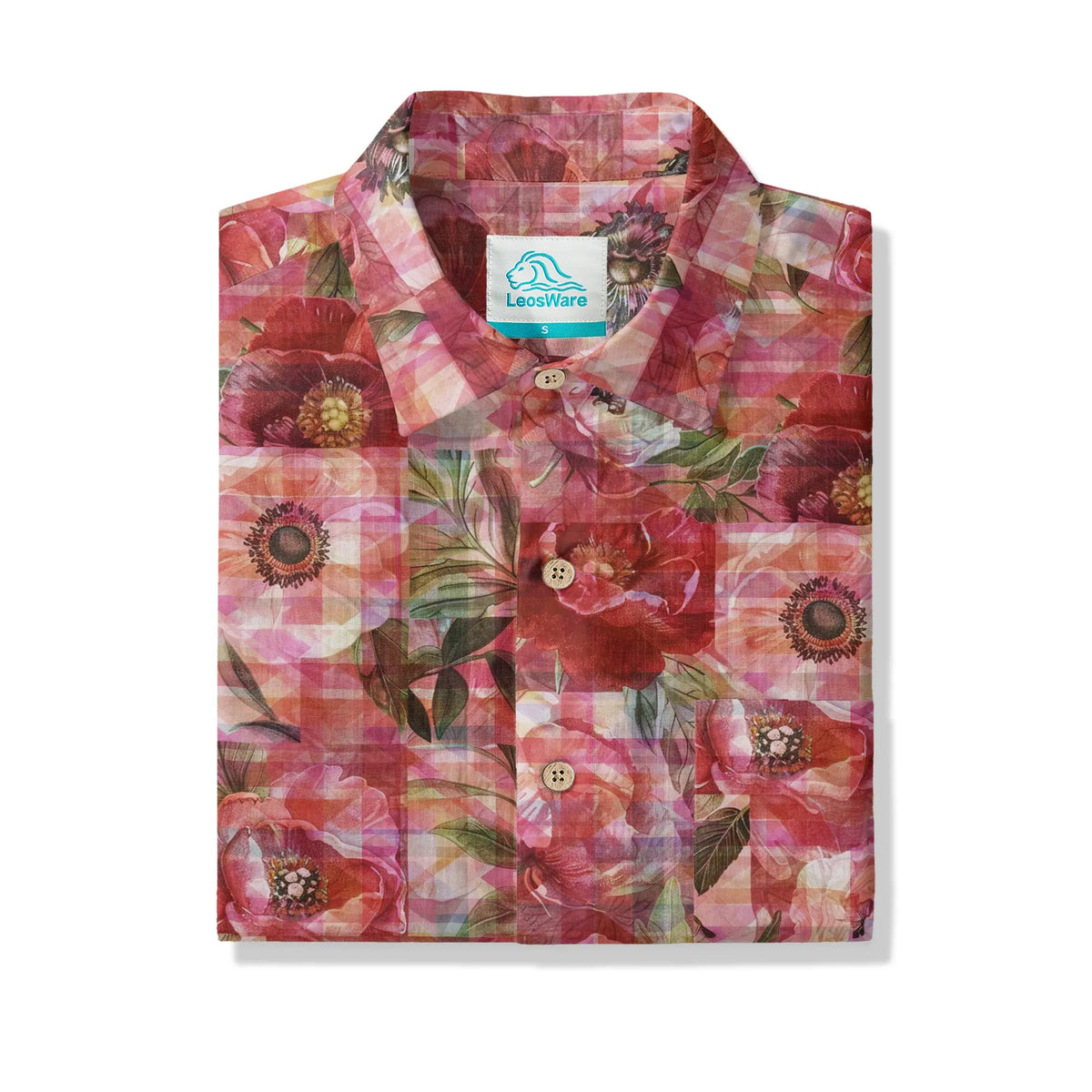 LeosWare® Plaid Men's Hawaiian Shirt Short Sleeve Button-up 100% Cotton Red Aloha Patterned Floral Impressions By Ann