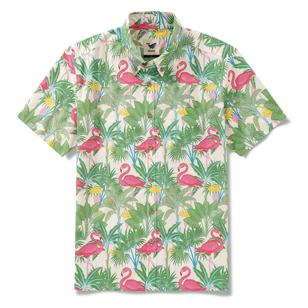 Chemise hawaïenne masculine bouton à manches courtes 100% coton beige alloha flamants et caméléons par house of haricot